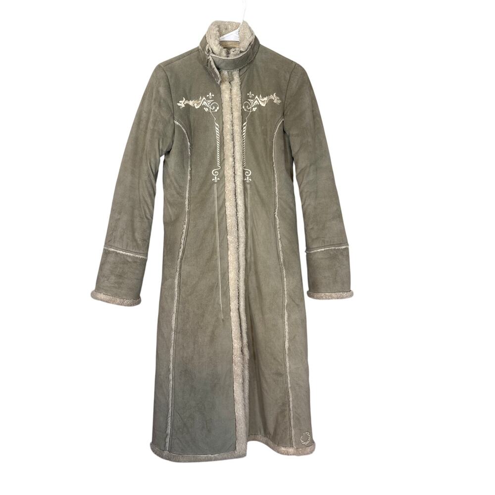Vintage Pennylane Suede Embroidered Long Jacket Womens Small Y2K Sherpa Green